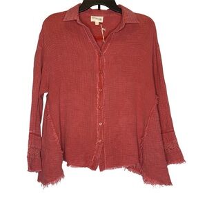 Before You Distressed Boho Shirt Pink Small Medium Button Up Crochet Bohemian